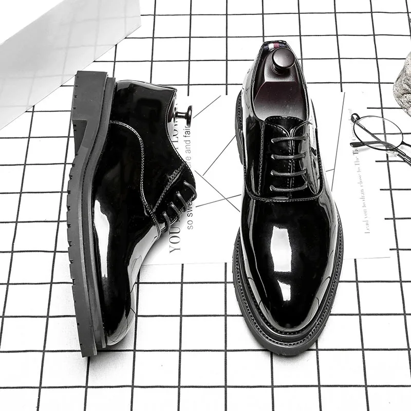 Fashion Patent Black Men Shoes Men's Lace-up Breathable Hard-wearing Pointed Toe Business Leather Leisure Dress | Обувь