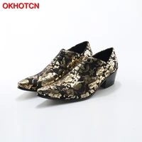 okhotcn fashion style gold flower print lace up men oxfords shoes pointed toe chunky heels chaussure homme soft leather shoes