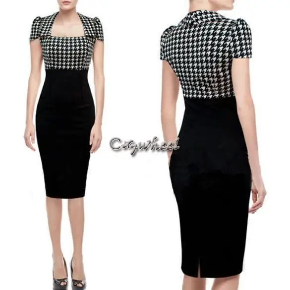 DAMI.Fashion 2014 Autumn Dress Women Vintage Checked Party Wear To Work Sheath Pencil Bodycon Vestidos b7 SV002443 | Женская одежда