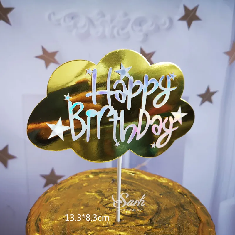 

Gold Silver Laser Cloud Balloon "Happy Birthday" Cake Topper for Party Decoration Dessert lovely Gifts
