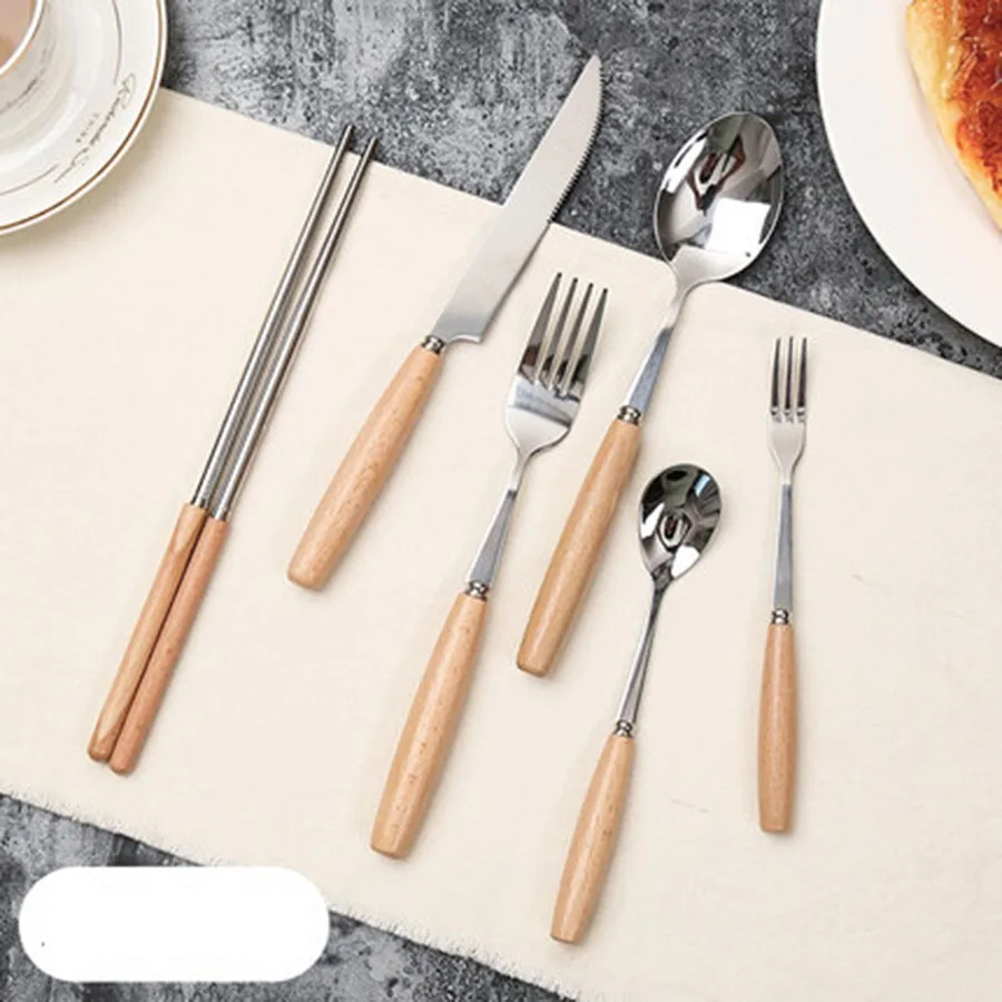 Fruit Fork Wooden Cutlery Set Stainless Steel Table Knife With Handle Cuberteria Acero Inoxidable Kitchen 40KO611 | Дом и сад