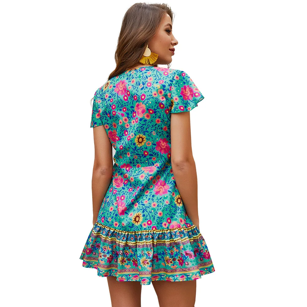 Модное Новое богемное сексуальное платье с принтом летом 2019 коротким рукавом v