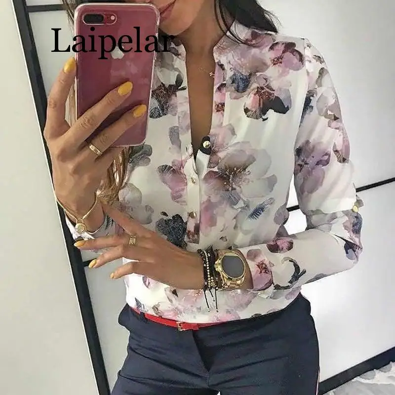 

Женская Повседневная Блузка Laipelar, элегантная Базовая Блузка на пуговицах с цветочным принтом и длинными рукавами, весна 2019