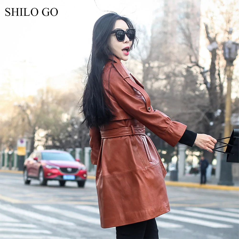 Тренч SHILO GO Женский из натуральной овчины длинный с отворотом и бантом на ремне