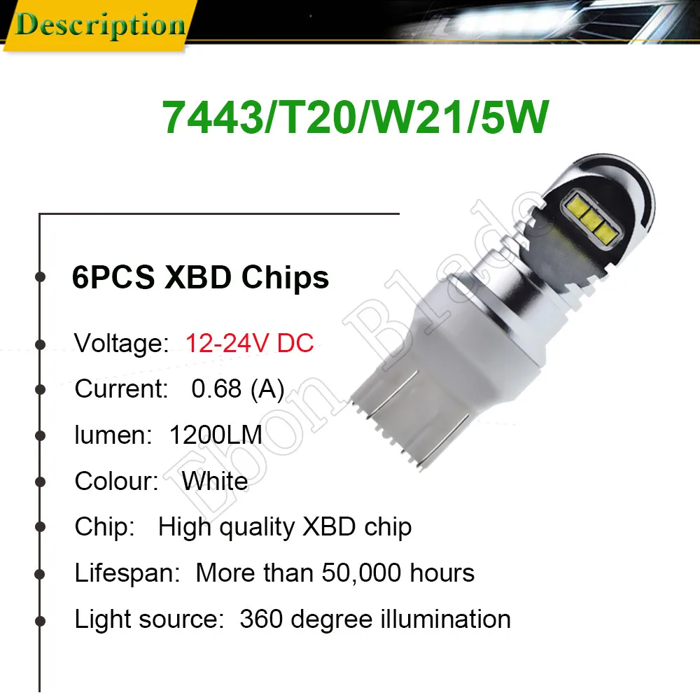 1 X T20 7440 W21W WY21W 7443 W21/5 W XBD чип 30W светодиодный передний Хвост поворотник тормозной задний светильник DRL Лампа Белый Янтарный Красный 12v 24v