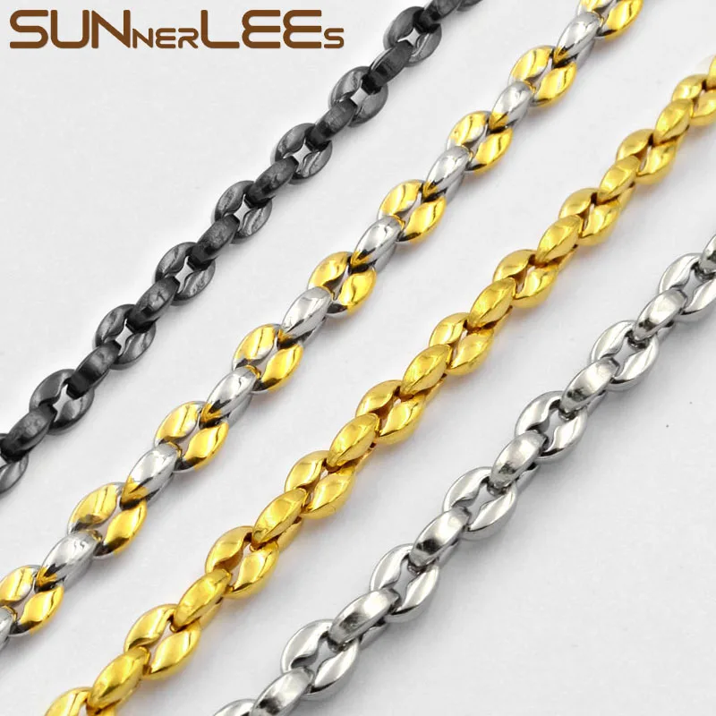 SUNNERLEES Stainless Steel Necklace 3~5mm Coffee Beans Link Chain Black Gold Silver Color Men Women Fashion Jewelry Gift SC35 N