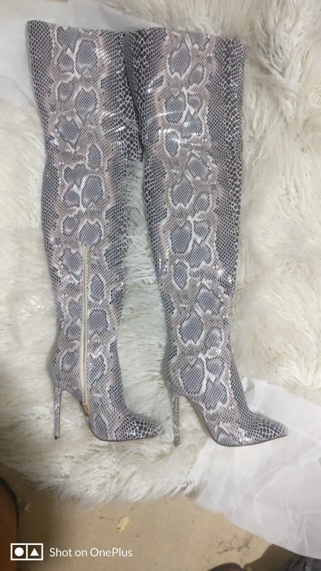 

Slouch Thigh High Boot Snake Skin Over the Knee Boots Sexy Super High Thin Heel Pleated Pointed Toe Botte Femme Talon