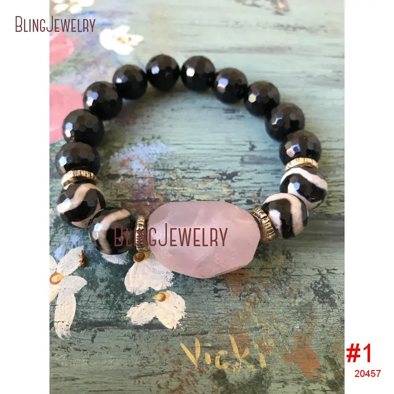 Браслет с бусинами из агата Dzi розовый кварц черный оникс BM11304|bracelet healing|statement