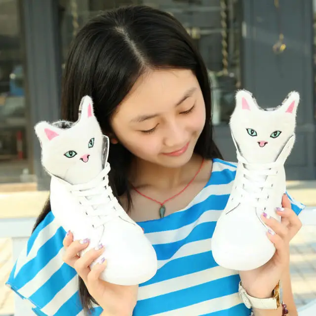 

MIUBU New Fashion Leather Women Casuals High Top Brand Women's Autumn Winter Cat Head Decoration Shoes