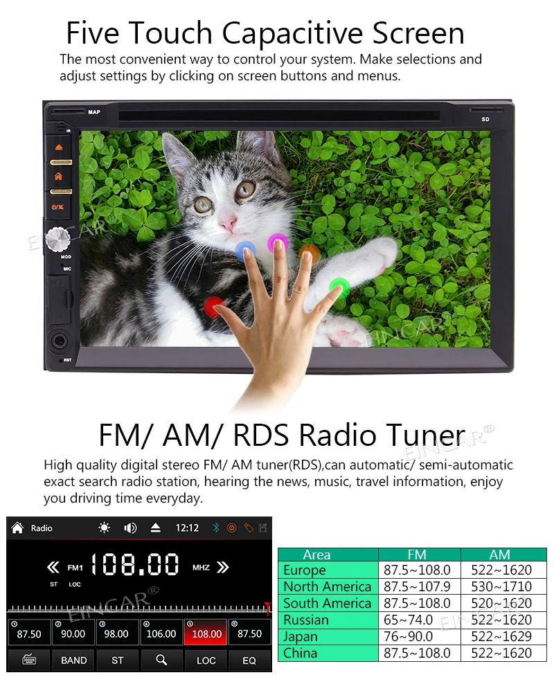 EinCar 7'' Double Din In-Dash Car Stereo Receiver Bluetooth Disc/MP3/MP4 Player AM/FM Radio Microphone SD Card Reader+Camera |