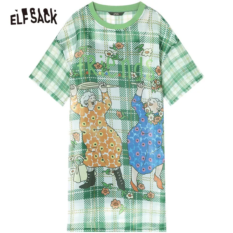 

ELFSACK Vintage Green Plaid Women Party Dress Fashion 2019 Summer Cartoon Print O-Neck Oversize Casual Female Holiday Dresses