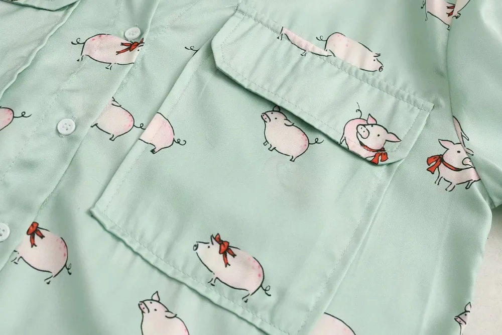 2019 новые женские милые поросенок печати два кармана блуза дамы chic Длинные рукава