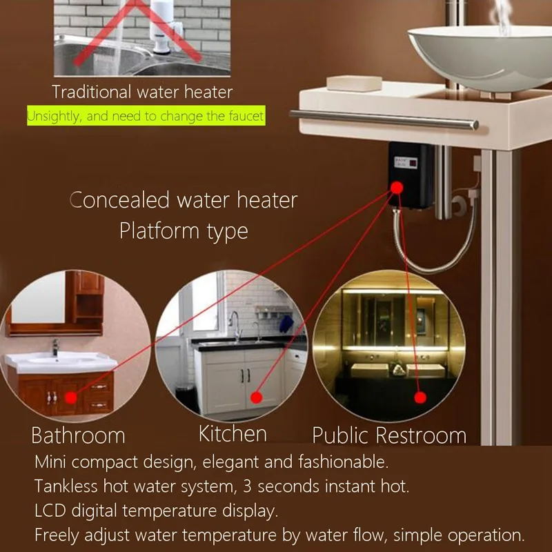 3.8KW мини Tankless мгновенный Электрический нагреватель горячей воды ЖК-дисплей температура дисплей кухня ванная комната воды душ системы