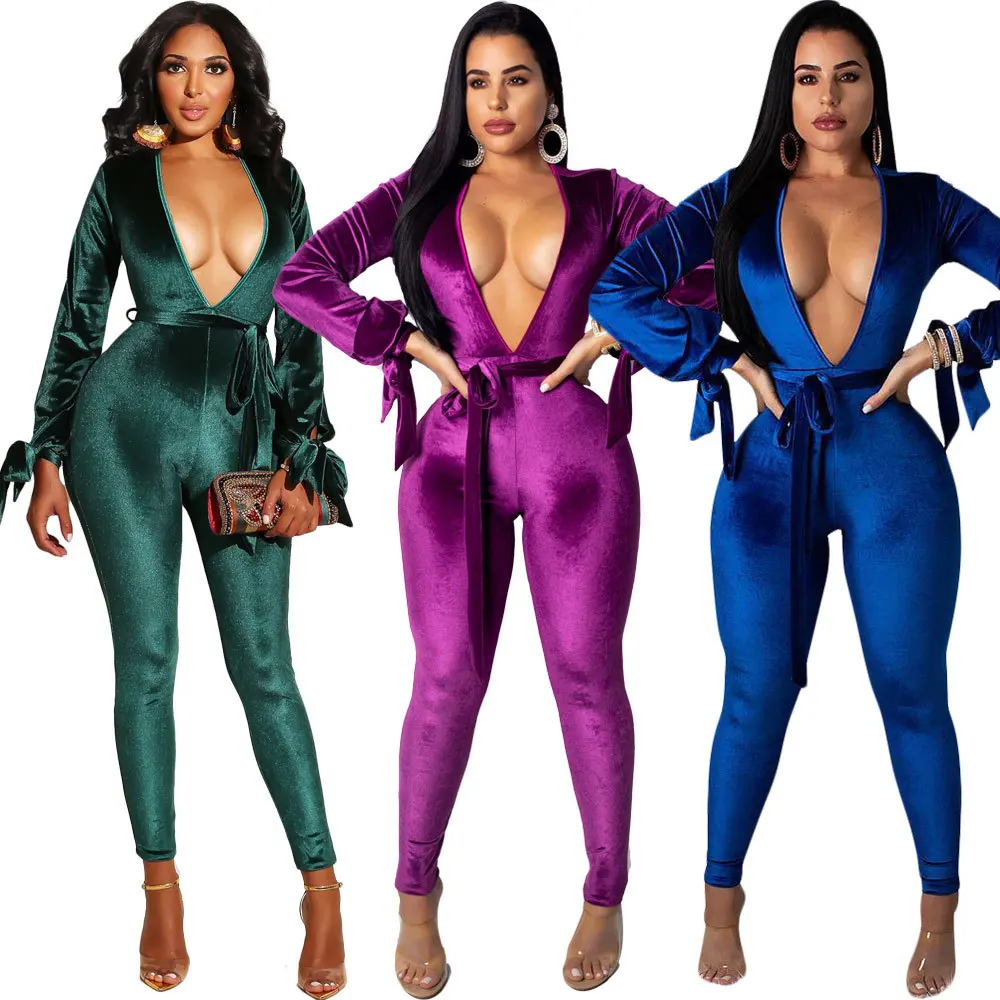 TEXIWAS Sexy backless hollow Overalls with belt Street Jumpsuits Women Deep V-neck Puff sleeve Bodysuit Club Party | Женская одежда