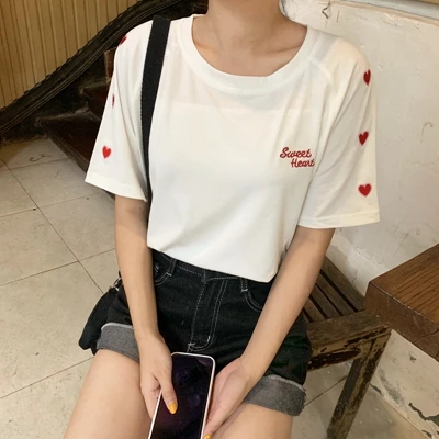 Винтажная футболка женская летняя хлопковая Топ простая вышивка Harajuku футболки Корейская одежда верхняя женская рубашка mujer футболки - Цвет: white