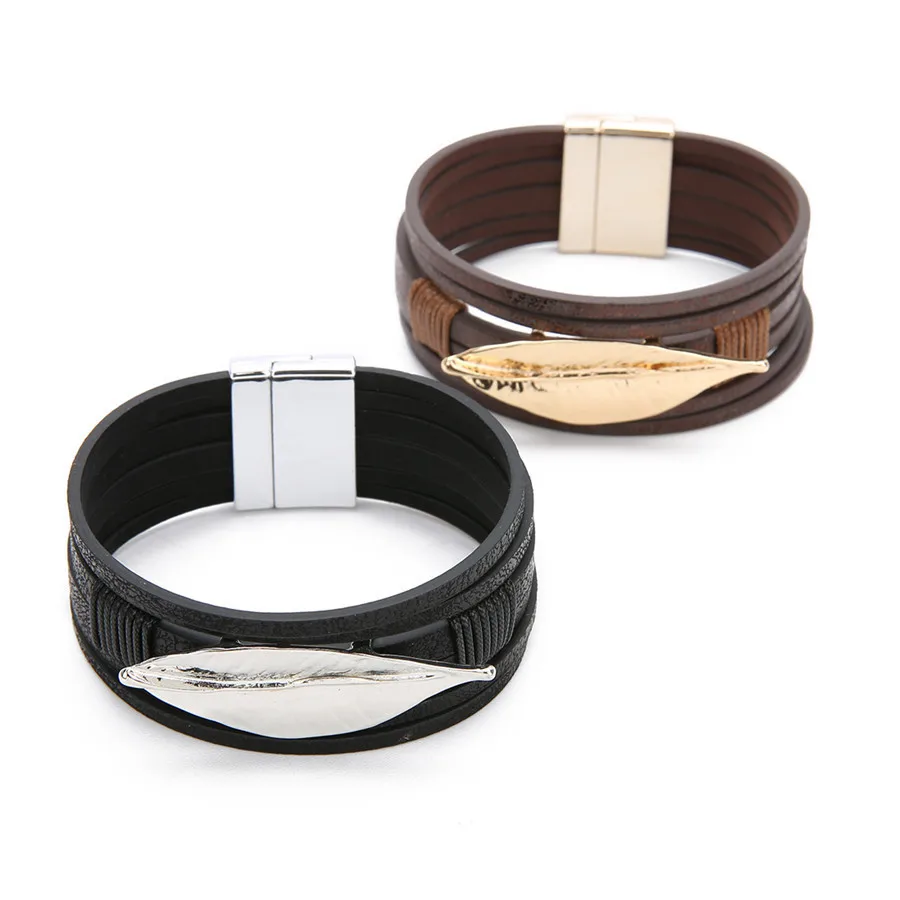 Ckysee Bohemian Multilayer Leaf Charm Bracelet For Women Vintage 2.5mm Wide Leather Wrap Bracelets Bangles Jewelry Gifts | Украшения и