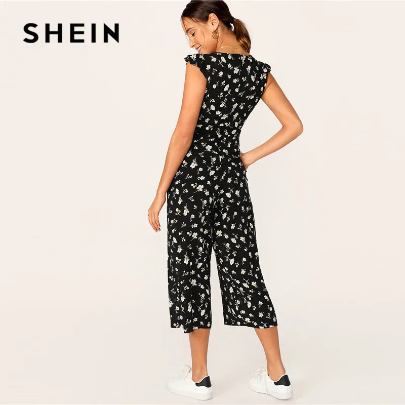 SHEIN сексуальный женский комбинезон с глубоким вырезом, рюшами, проймой и косым карманом, Boho, без рукавов, с широкими штанинами, Женский Летний комбинезон