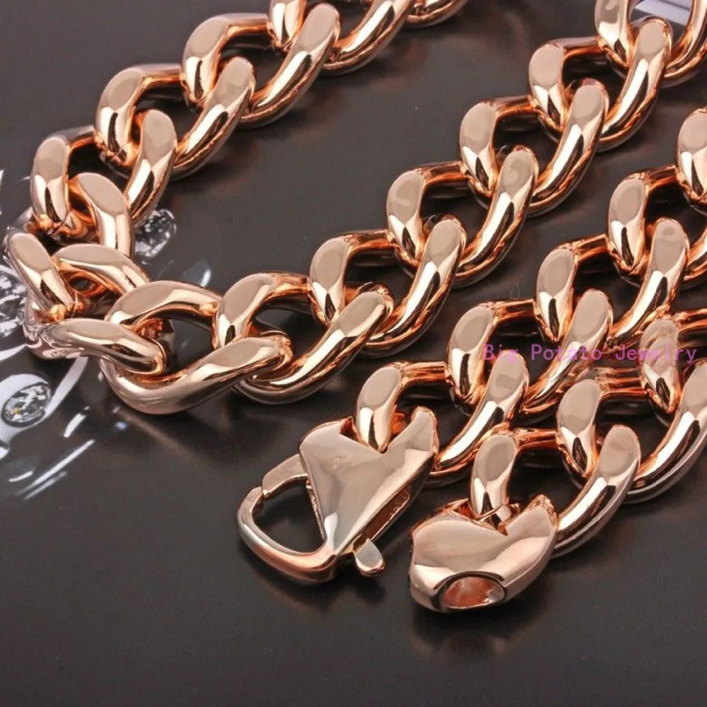 

7"-40" Custom Sizes Heavy 15mm Wide 316L Stainless Steel Rose Gold Charming Mens Curb Cuban Chain Necklace or Bracelet Jewelry