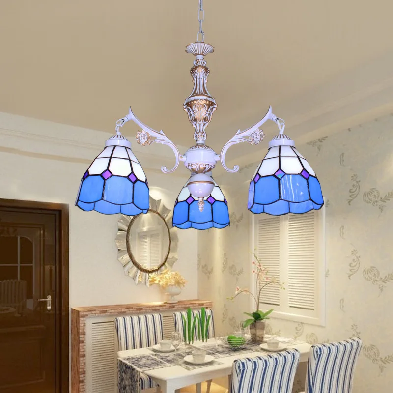 

tiffany style blue glass white gold chandelier, meditteranean french country hanging dining chandelier 3 light decorative light