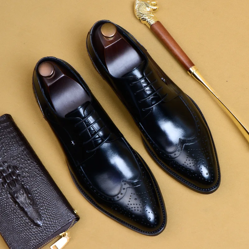 

High Quality Vintage Brogues Leather Shoes Pointed Toe Low Top Luxury Men Formal Dress Male Wedding Oxfords Shoes Plus Size 46