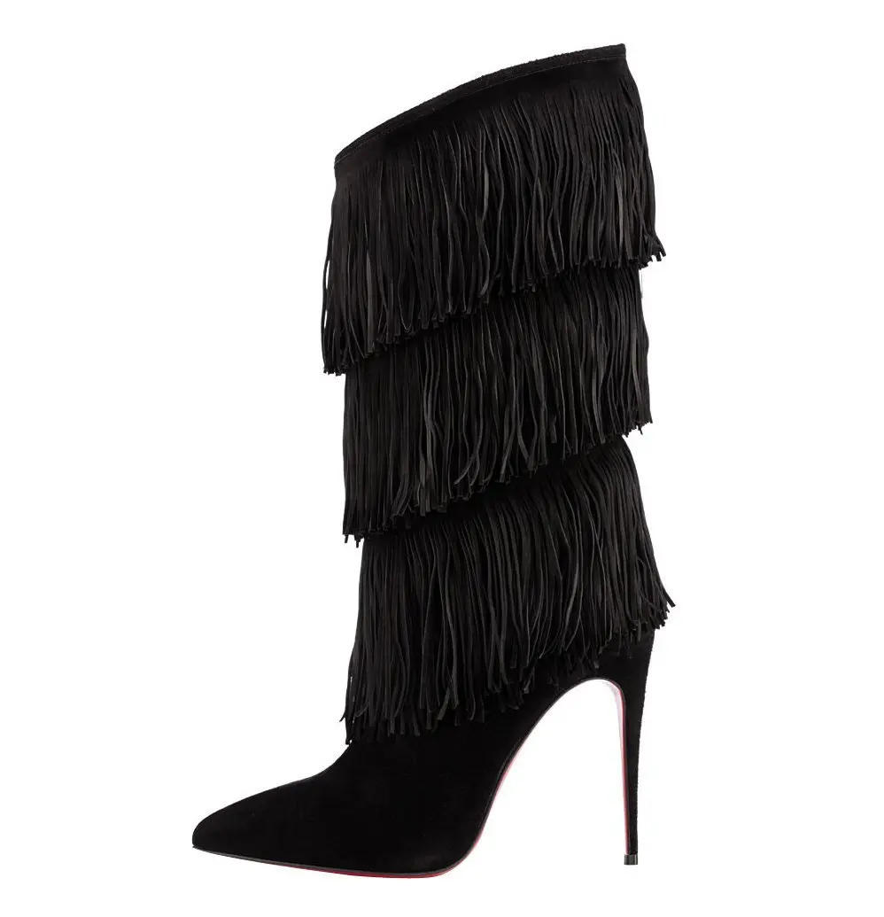 Женские ботинки с бахромой коричневые до середины икры на высоком каблуке острым