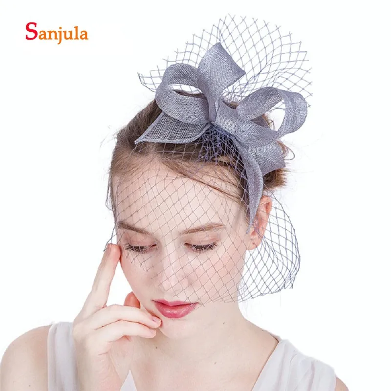 Шляпка Свадебная женская с фатиновой вуалью серый льняной головной убор бантом