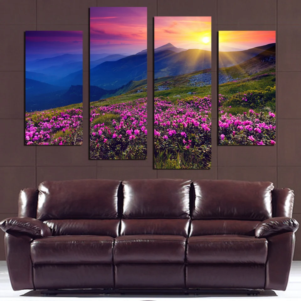 4 панели настенные картины морской цветок Декор закат пейзаж Печатный холст