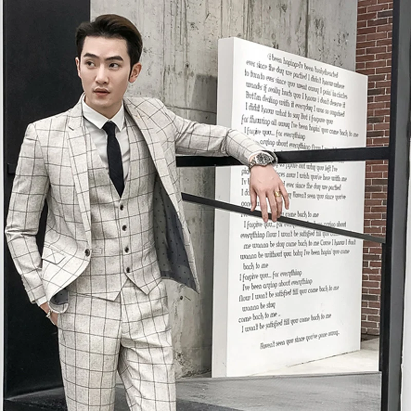 luxury Plaid Suit For Men (Jacket Vest Pant) 2019 New Fashion Party Wedding Suits Costume Mariage Homme Check Male | Мужская одежда