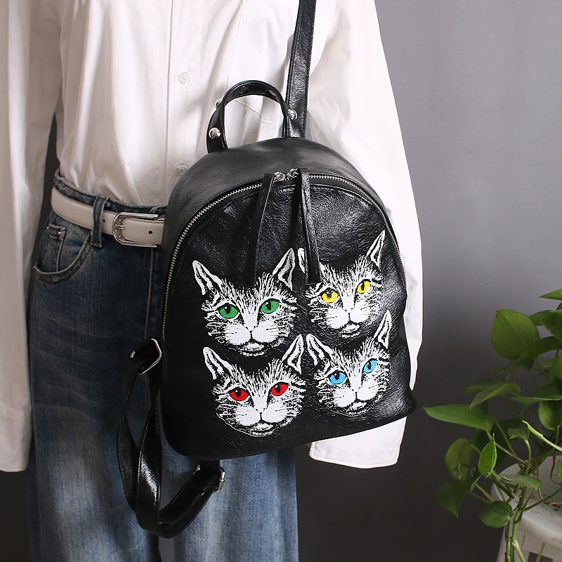 Модный женский рюкзак из искусственной кожи новый крутой черный с котом хит - Фото №1