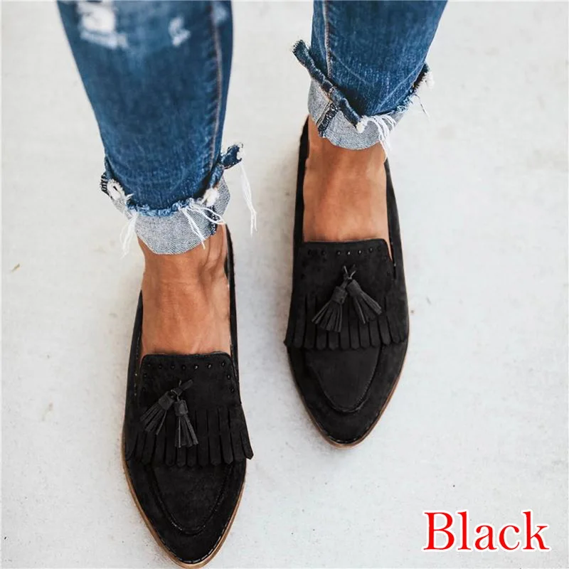 Black Oeak/женская повседневная обувь в винтажном стиле; женские кроссовки с кисточками; удобные лоферы без застежки; женская обувь на плоской подошве - Цвет: Black