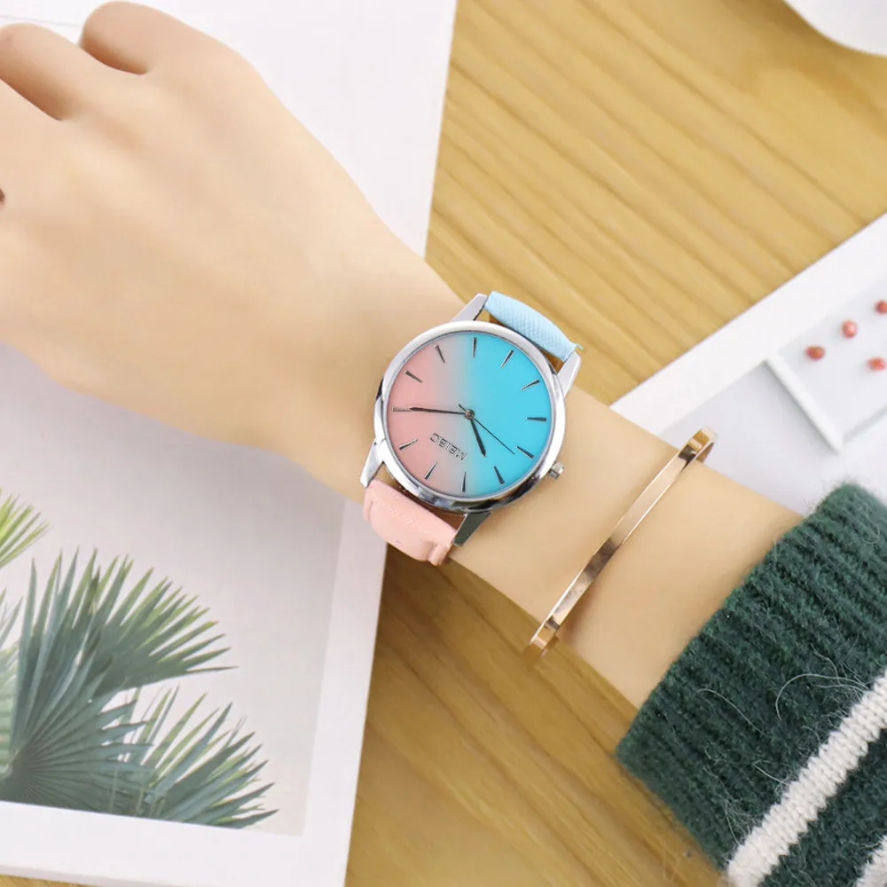 Красивые модные простые женские часы с двойным цветным корпусом и кожаным