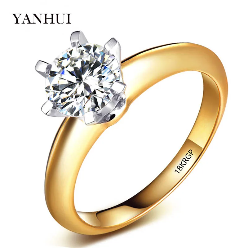 Yellow Gold YANHUI, чистое Оригинальное Золотое кольцо, модное ювелирное изделие, 2 карата, белый пасьянс, кубический цирконий, обручальные кольца для женщин HR1689 - Цвет основного камня: Yellow Gold