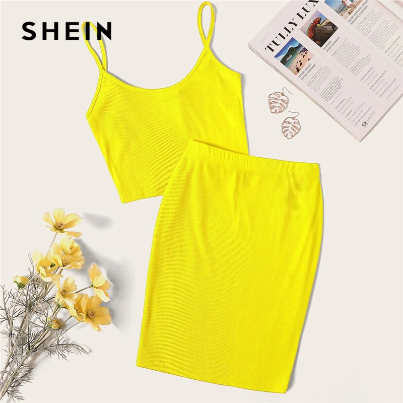 SHEIN неоновый ребристый ТРИКОТАЖНЫЙ УКОРОЧЕННЫЙ ТОП на бретельках и узкая юбка, сексуальный однотонный комплект без рукавов из 2 предметов, Женский комплект на бретельках