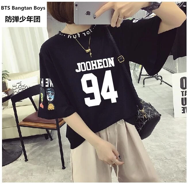 2017 NEW Kpop new idol monsta x member korean name printing short sleeve t shirt women summer kpop t-shirt | Женская одежда
