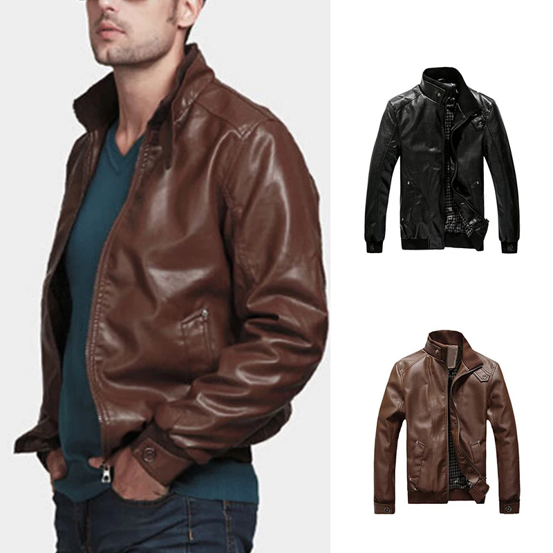 Мужские Куртки из искусственной кожи с воротником-стойкой Faroonee Мотоциклетные на