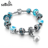 szelam blue crystal chain link bracelets bangles fashion silver jewelry beads bracelet for women pulseras sbr160097