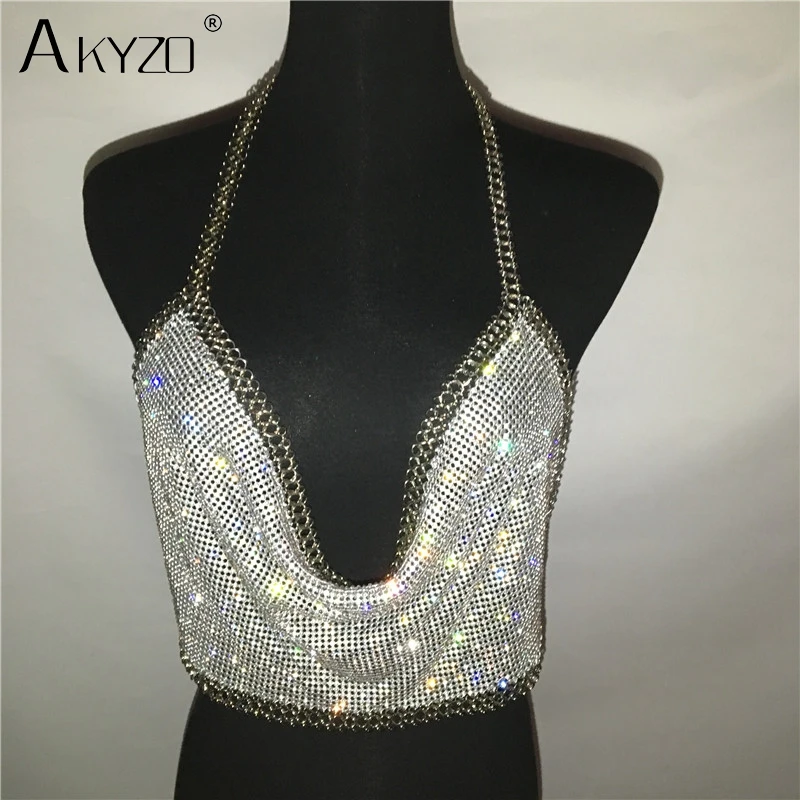 AKYZO, женские, с открытой спиной, Роскошные, стразы, Топики, короткий топ, модные, массивные, с металлической цепочкой, с бриллиантами, с глубоким вырезом, с лямкой на шее, топы