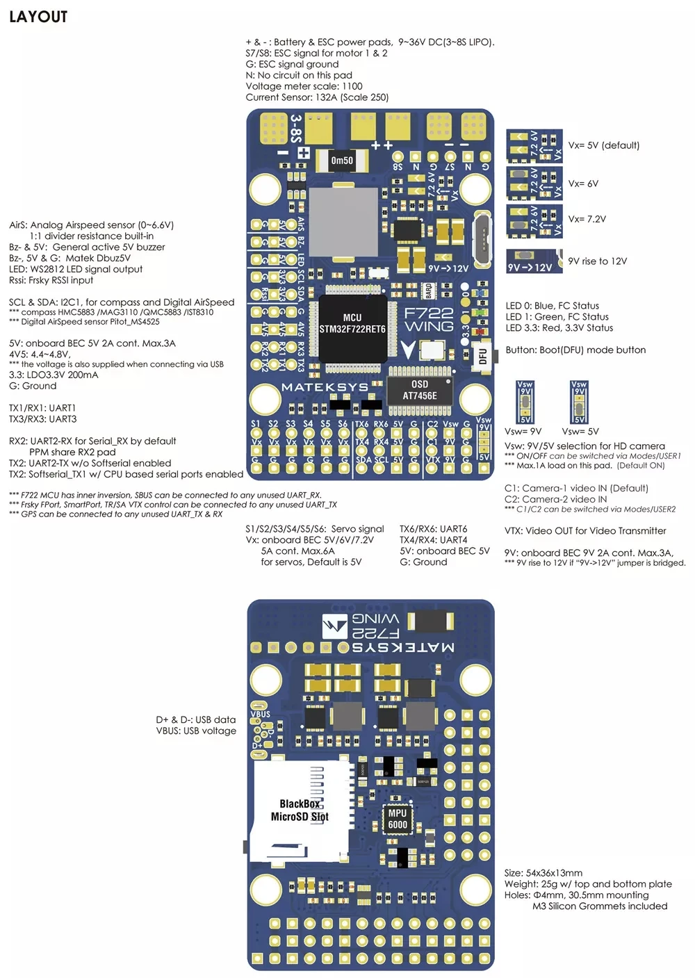 Matek Systems F722-WING STM32F722RET6 игровые джойстики со встроенным серверный компьютером с экранным меню для RC Самолет с неподвижным крылом