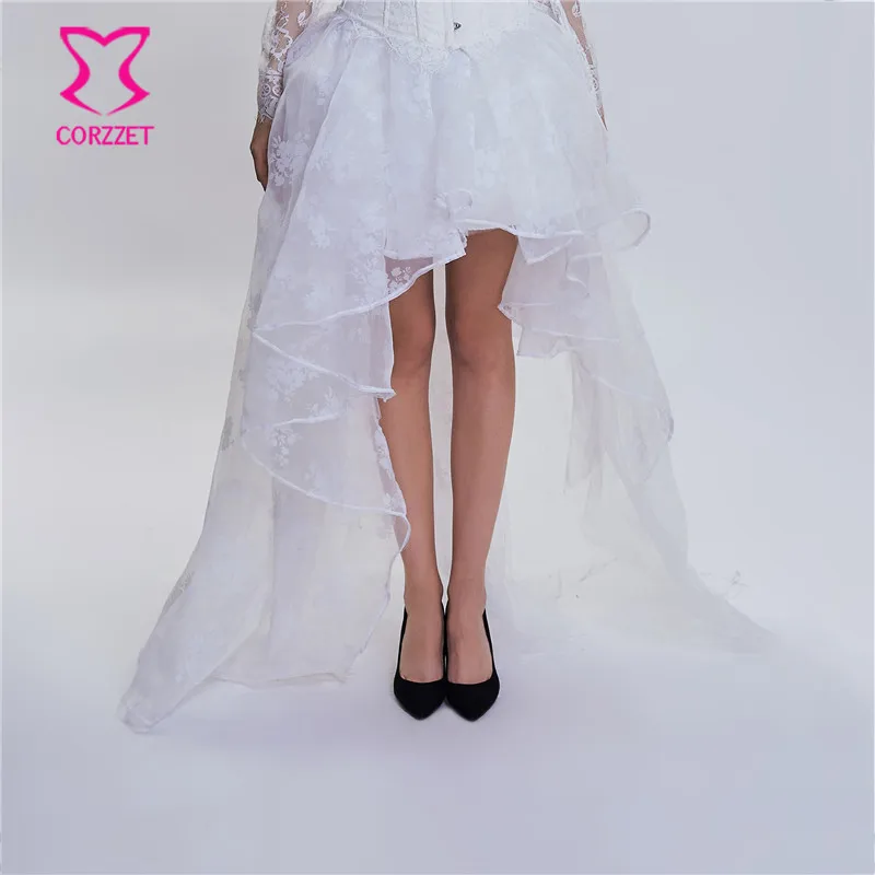 

White Floral Chiffon Long Asymmetrical Midi Skirts Victorian Gothic Skirt Plus Size Steampunk Skirt Women Wedding Party Clubwear
