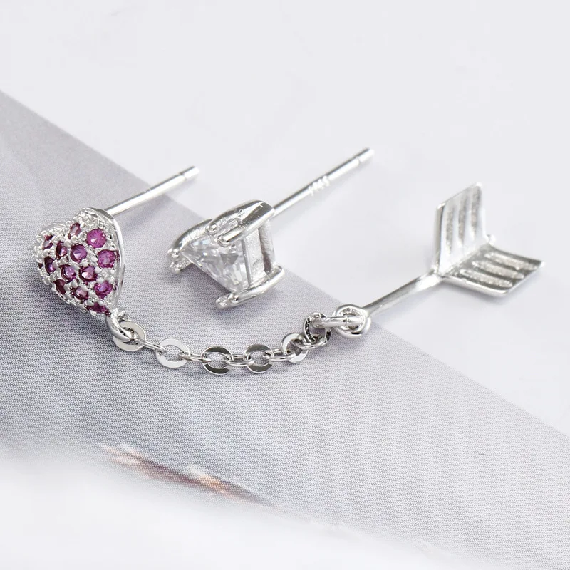 

Fashion Silver Long Chain Stud Earrings With Crystal Heart Asymmetry 925 Sterling Silver Stud Earring Jewelry Pendientes Brincos