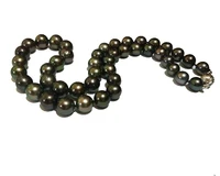 18" inches 8.5-10mm Peacock Tahitian Pearl Necklace with Gold Corrugated Ball Clasp