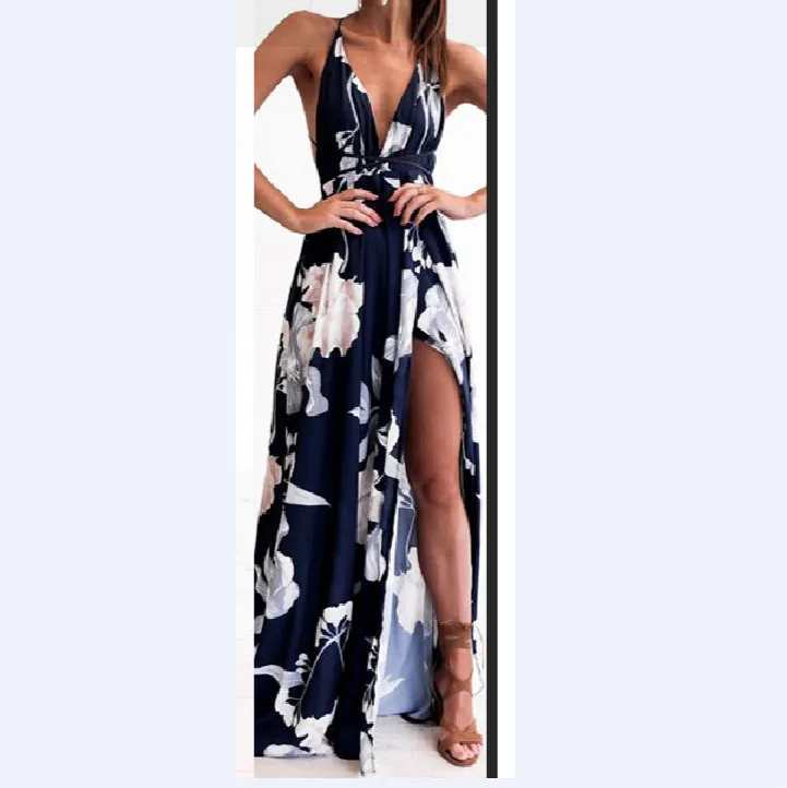 Женское длинное платье макси без рукавов трехцветное летнее пляжное с лямкой на