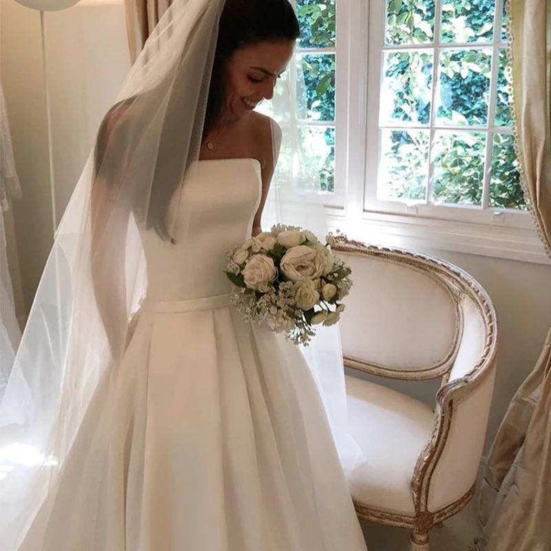 

Simple Boho A-line Wedding Dresses Strapless Satin Draped Bridal Dress Bow Sashes Vestidos De Noiva Bride Dresses Cheapest