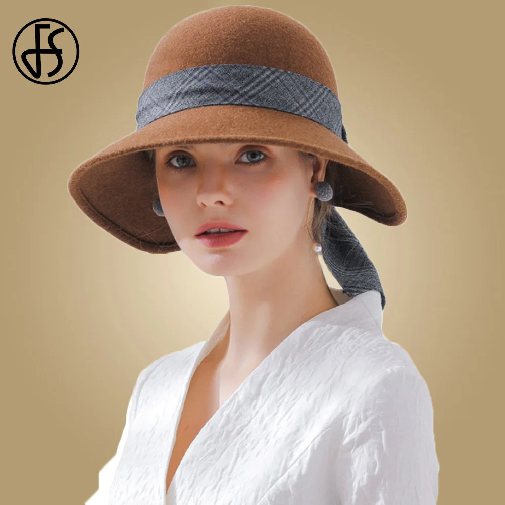 Brown Wool Hat FS серые, винные, красные, коричневые шерстяные зимние шапки для женщин с широкими полями, фетровая шляпа, осенняя женская шляпа с бантом и лентой - Цвет: Brown Wool Hat