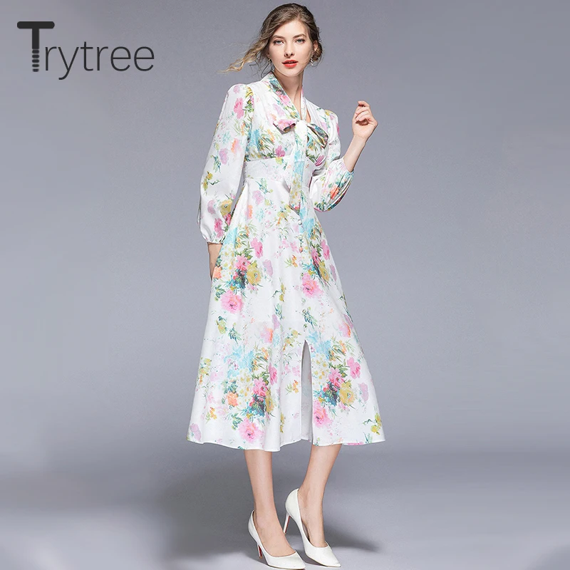 Trytree лето осень Романтическое Платье-рубашка с цветочным принтом женские платья