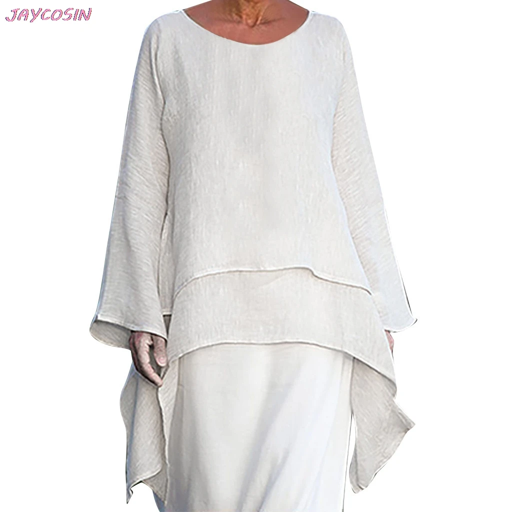 Женская тонкая рубашка с круглым вырезом однотонная льняная асимметричного кроя