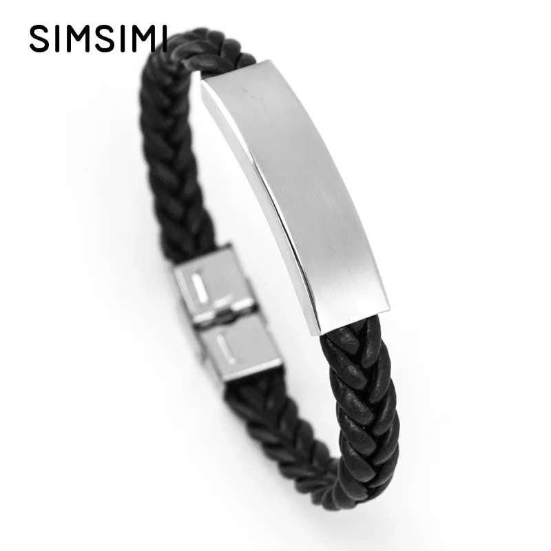 

Simsimi blank tube braid knit Leather Bracelet for woman StainlessSteel safe Clasp Male Bangles Father's Day jewelry Gift 50pcs