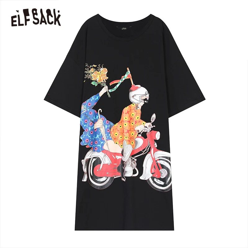Black ELFSACK хлопковое женское праздничное платье с мультяшным принтом, Модные женские вечерние платья больших размеров с вышивкой, повседневная женская одежда - Color: Black