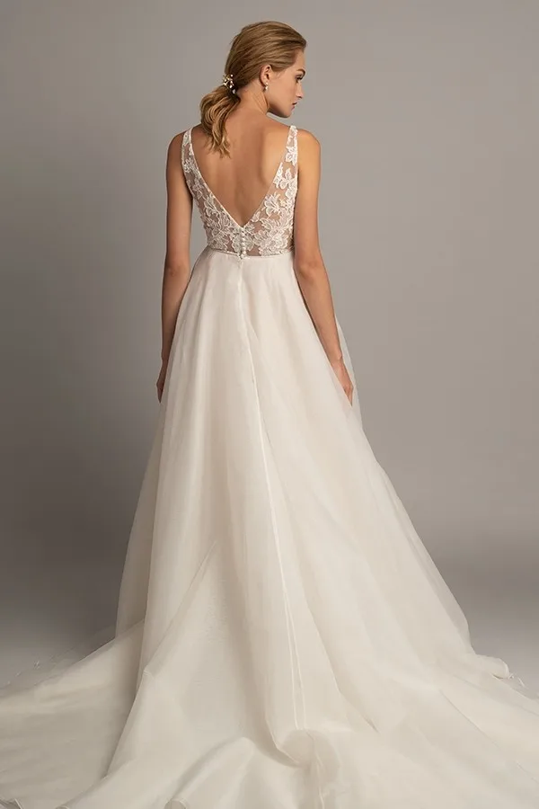 

2019 Eslieb wedding dress V neck sleeveless pangkasal gow lace organza court train suknia slubna bridal dress bruidsjurk HA079