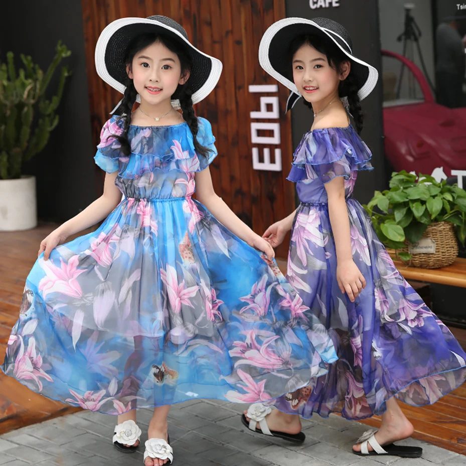 Summer Girl Dress Beach Floral Long Children's Holiday Kids Teenage Girls Clothes For 5 6 8 10 12 13 Years | Детская одежда и